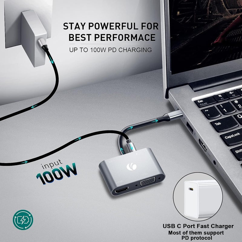 Vcom USB C to HDMI VAG Adapter, 5-in-1 USB C Hub with 100W Power Delivery, 4K HDMI, 1080P VGA, USB 3.0 Port, OTG Adapter Compatible with MacBook Air, iPad Pro, Dell XPS, Surface Pro (Grey) - Image 4